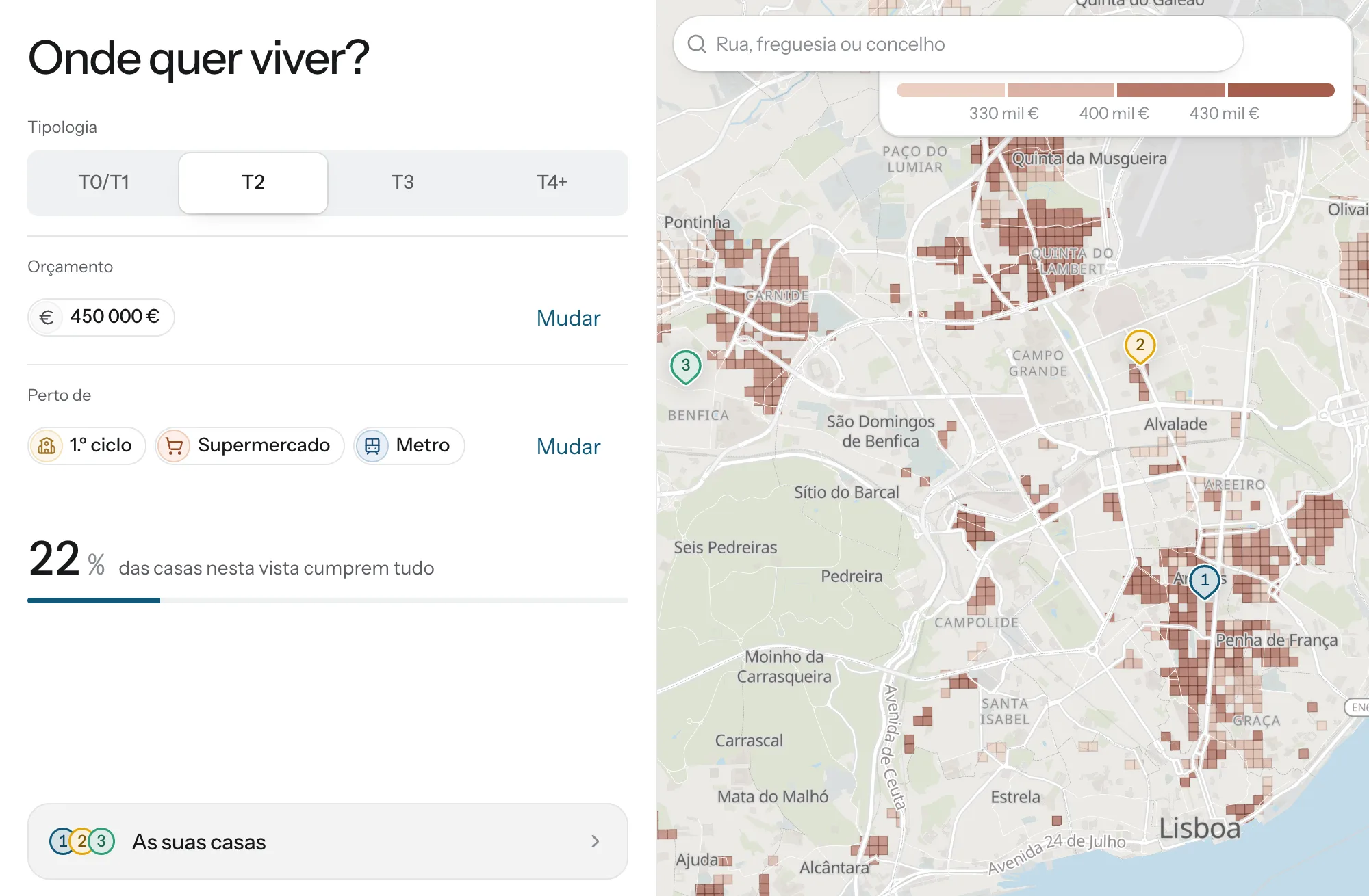 O mapa de Lisboa com as zonas onde um T2 fica dentro do orçamento de 450 000 € e tem escola, supermercado e metro a pé